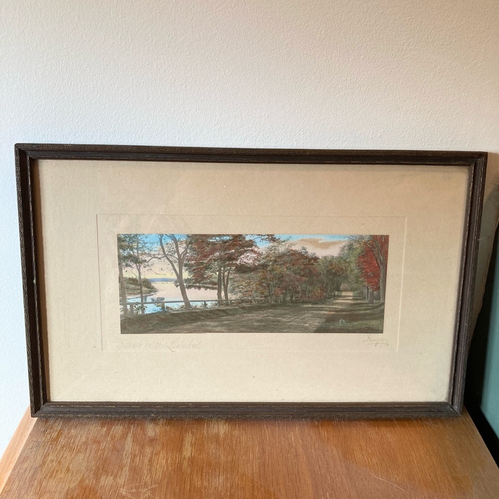 Antique Charles Henry Sawyer Hand-Painted Photograph Sunset on the Kennebec